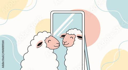 Whimsical sheep gazing at its reflection in a mirror against a pastel background