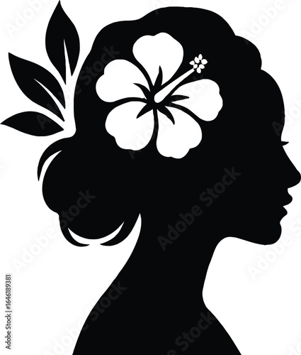 Silhouette of woman with hibiscus flower and leaves