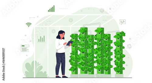 Woman Monitoring Hydroponic Vertical Farm Growth With Tablet Technology In Greenhouse