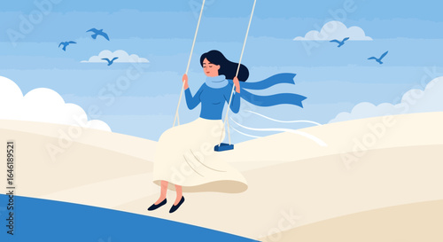 Woman on swing flying above sand dune landscape evokes serenity and freedom