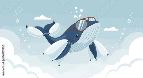 Whimsical Whale Illustration Wearing Glasses Soaring Through the Sky Amidst Clouds