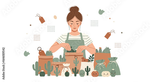 Woman packing succulent plants and cactus in bags for small business sale
