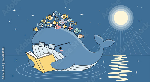 Whimsical whale reading under moonlight with fish friends in serene ocean cartoon scene