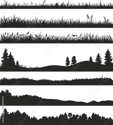 Silhouette grass and forest border collection, natural landscape elements, meadow field, tree line, outdoor nature scene, black vector set
