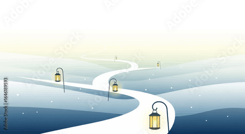Whimsical winter landscape with snow-covered path and glowing lanterns evokes tranquility and hope