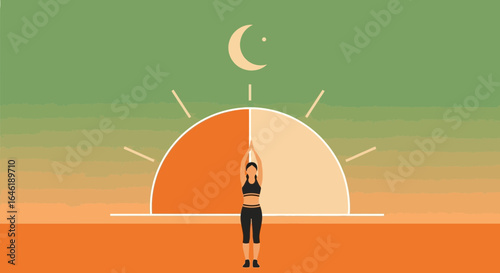 Woman Practicing Yoga at Sunrise with Crescent Moon in Peaceful Setting Illustration