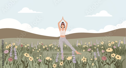 Woman practicing yoga in a beautiful flower field at daytime in the outdoors flat vector illustration showcasing peace and tranquility