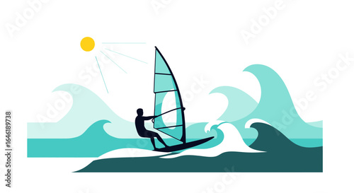 Windsurfing adventure illustration under the sun, a dynamic sport on sea waves