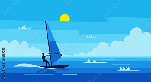 Windsurfing adventure on the open sea, a minimalist vector illustration capturing the thrill of watersports and summer vibes