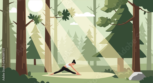 Woman Practicing Yoga in a Peaceful Forest Setting Under Radiant Sunlight Rays