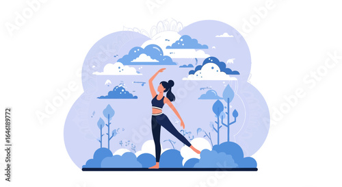 Woman practicing yoga in a serene outdoor setting surrounded by nature and sky
