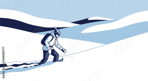 Winter adventure: trekking in snowy landscape with minimalist vector design portraying a man's winter trekking journey