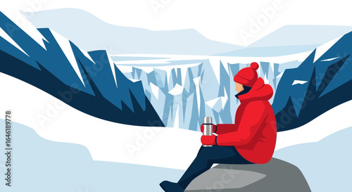 Winter Adventure: Hiker Enjoying a Warm Beverage in Snowy Mountain Landscape