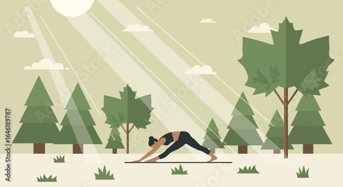 Woman practicing yoga outdoors in a peaceful nature setting with sunlight