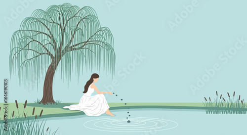Woman Relaxing By The Pond Under Weeping Willow In Serene Nature Setting