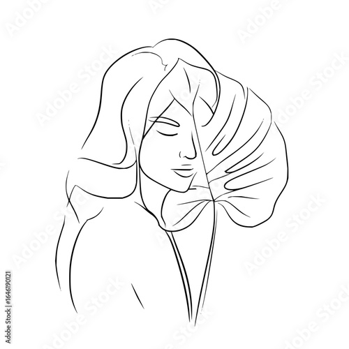 Woman face line art drawing with monstera leaf minimalist botanical illustration fashion beauty portrait sketch aesthetic