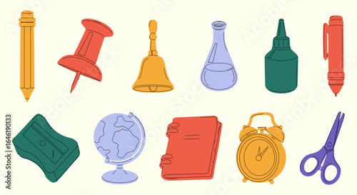 Colorful modern set of school supplies. Perfect for educational projects, printables, websites, and back to school themed designs.