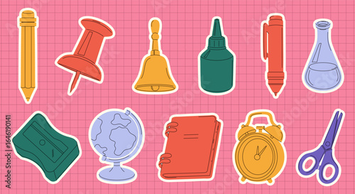 Modern school supply sticker set. Fun and playful design ideal for kids, stationery, education, and back to school projects.