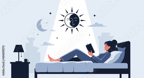 Woman Relaxing in Bed Reading a Book with Celestial Symbols Above Her, Enhancing Serenity