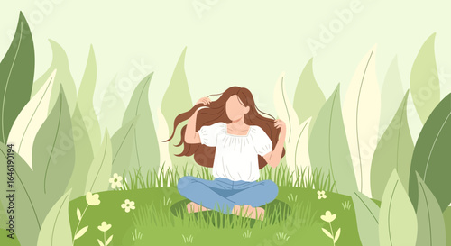Woman relaxing in a serene meadow with a backdrop of lush green foliage landscape