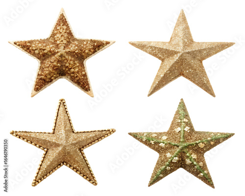 Star ornaments textured brown green isolated on a transparent background