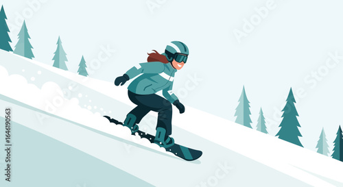Woman Snowboarding Downhill Enjoying Winter Landscape With Evergreen Trees