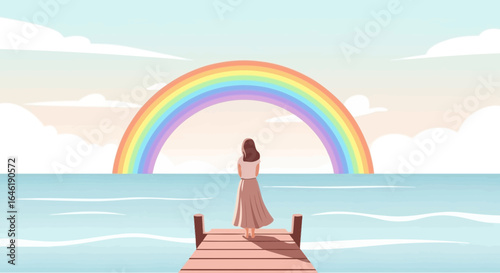 Woman stands on a wooden pier watching a rainbow over the ocean horizon scenic landscape