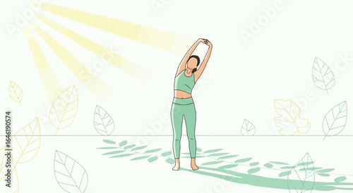 Woman stretching arms overhead outdoors in sunny ambiance for wellness theme