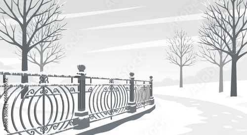 Winter Scenery Along Snow Covered Path With Decorative Fence And Trees