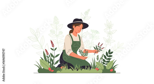 Woman tending to herb garden illustration embodying sustainable lifestyle and organic farming practices