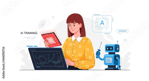 Woman training AI model with data chip and robot assistant for machine learning