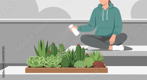 Woman tending to succulents on a sunny day, demonstrating plant care and gardening hobby