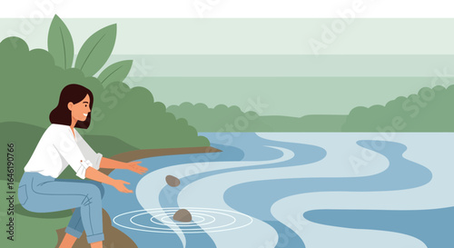 Woman throwing stones into a peaceful river surrounded by nature and greenery creates a sense of relaxation and mindfulness