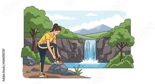 Woman tying shoelaces before a run by a waterfall in a scenic outdoor landscape