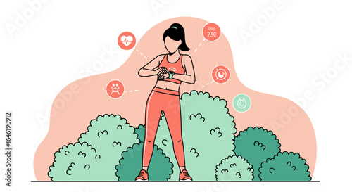 Woman using smartwatch fitness tracking to monitor workout progress outdoors