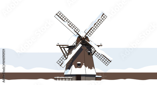 Winter windmill scenery showing a beautiful old windmill with snow, vector image