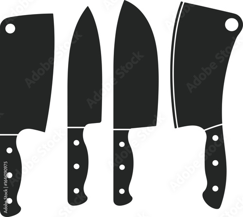 Vector illustration of black kitchen knife set, butcher cleavers, chef blades, sharp cooking utensils, cutlery tools, food preparation instruments