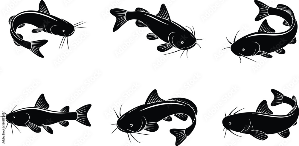 Naklejka premium Vector illustration of six black catfish silhouettes swimming underwater, freshwater fish, aquatic wildlife design, barbels, nature animal, fishing icon set