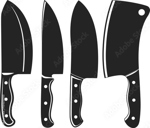 Vector illustration of kitchen knives set, black silhouette chef tools, butcher cleavers, sharp blades, food cutting utensils, cooking equipment