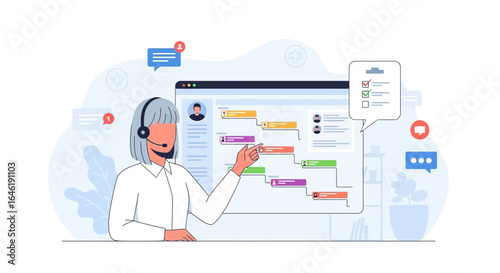 Woman Wearing Headset Showing Project Timeline On Monitor Illustration