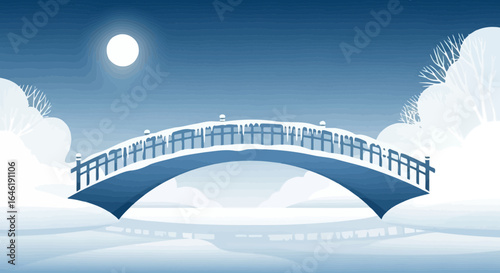 Winter Wonderland Scene Featuring an Arch Bridge with Snowy Landscapes and Moon
