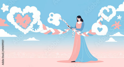 Woman weaving love into the sky with braided rope of dreams and aspirations