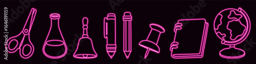 Acid pink neon sign set of school supplies. Perfect for trendy back-to-school ads, collages, or vibrant youth themed projects.