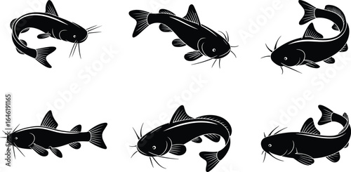 Vector illustration of six black catfish silhouettes swimming underwater, freshwater fish, aquatic wildlife design, barbels, nature animal, fishing icon set