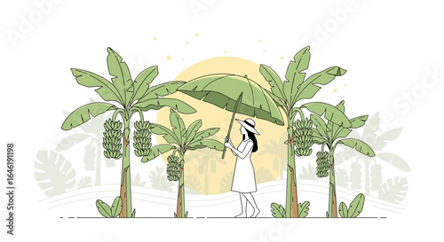 Woman With Umbrella Amidst Tropical Banana Trees In A Serene Landscape