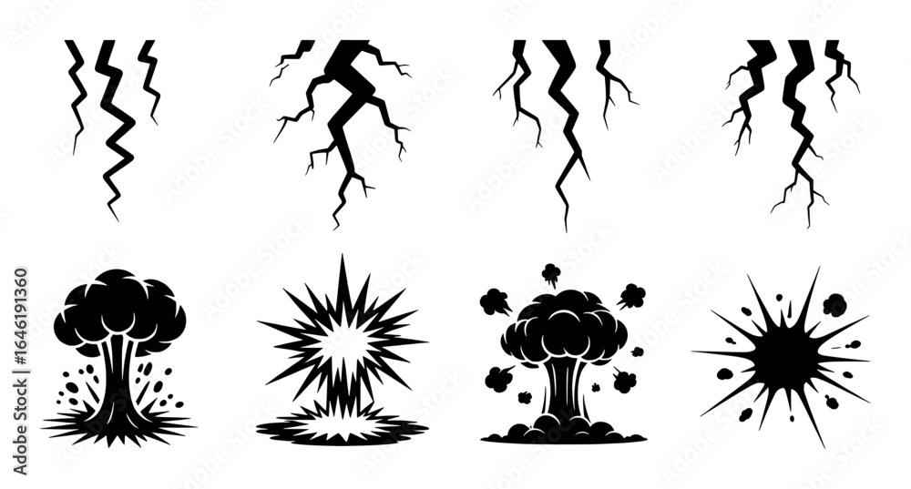 Black abstract explosion and crack shapes collection blast burst