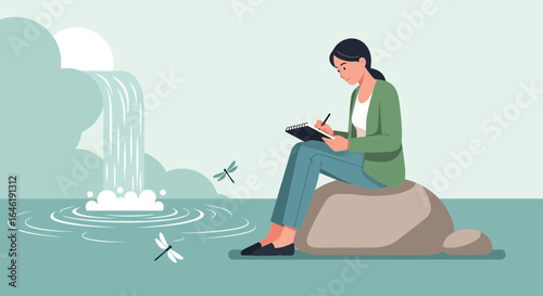 Woman Writing In Nature At Waterfall Serene Scene For Creative Inspiration
