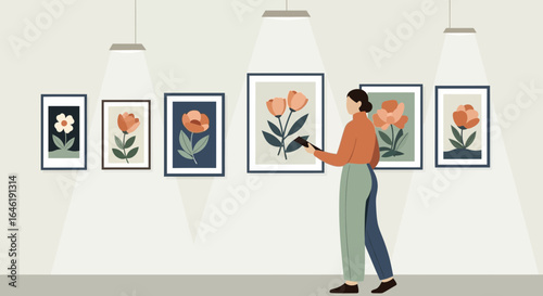 Woman admiring floral art in a gallery illustration, artistic ambiance and refined aesthetic, elegant space for art appreciation and cultural enrichment