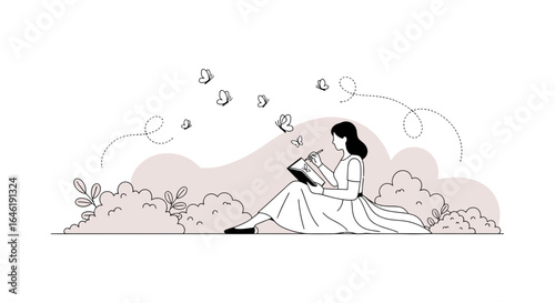 Woman Writes Outdoors With Butterflies In A Relaxing Nature Landscape Line Art