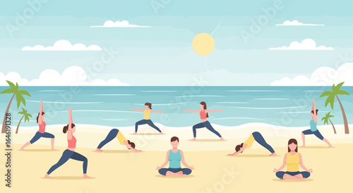 Women practicing yoga on a beach with blue sea and sky background in a beautiful tropical location